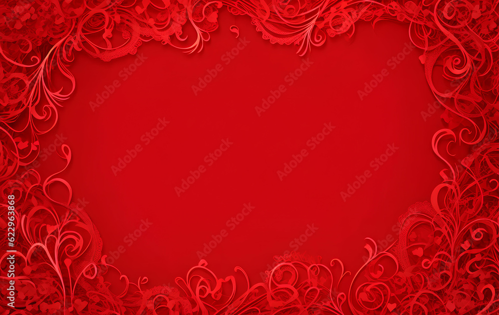 Romantic red background with patterns, plant motif, leaf ornament, with empty space for text copy paste