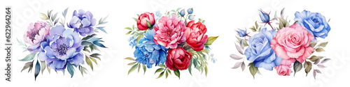 Watercolor floral bouquet illustration set - Pink, Blue, Red Florals, Green Leaves, and Branches. Perfect for Wedding, Greeting Cards, Wallpaper Designs, Fashion, and background. Generative AI © SRITE KHATUN