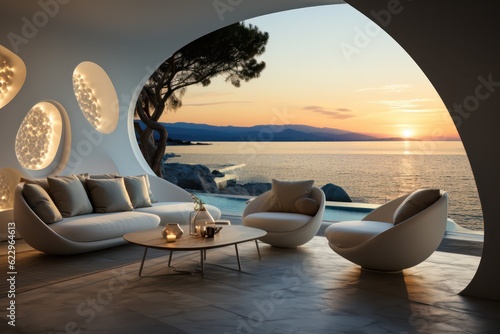 Sunny and luxurious balcony in Santorini, designed with modern aesthetics. Details of pool and architecture during sunset