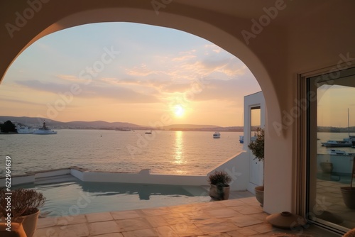 Sunny and luxurious balcony in Santorini, designed with modern aesthetics. Details of pool and architecture during sunset