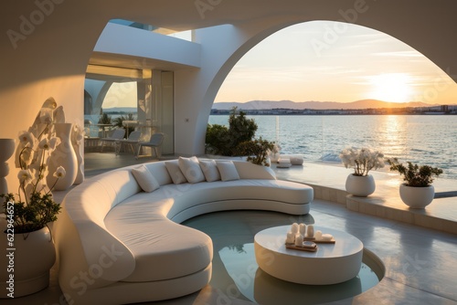 Sunny and luxurious balcony in Santorini  designed with modern aesthetics. Details of pool and architecture during sunset