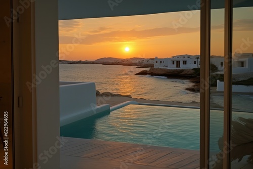 Sunny and luxurious balcony in Santorini, designed with modern aesthetics. Details of pool and architecture during sunset