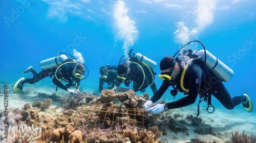 Fototapeta Naklejka Na Ścianę i Meble -  Team of marine scientists conducting a coral restoration project in a damaged reef ecosystem