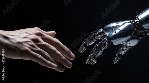The human hands touch the robot's metallic hand. Concept of harmonious coexistence of humans and AI technology,