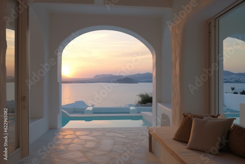 Santorini s luxurious sunny terrace villa with modern chairs  overlooking the beautiful sea during sunset.