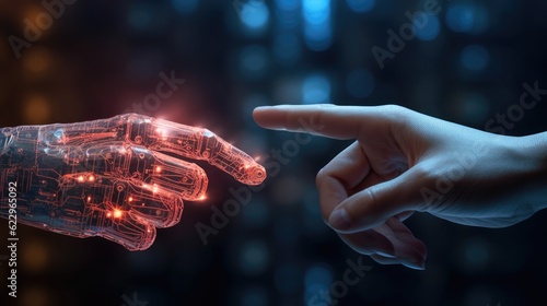 The human finger delicately touches the finger of a robot's metallic finger. Concept of harmonious coexistence of humans and AI technology, photo