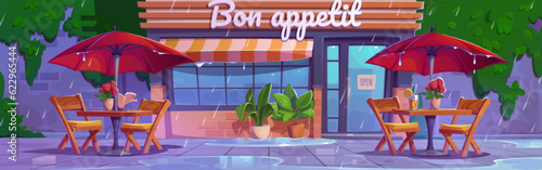 City street cafe on rainy day. Vector cartoon illustration of cafeteria facade with furniture outdoors, tables and chairs under wet umbrellas, water puddles on pavement. Urban bistro exterior design