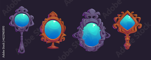 Magic spooky princess vintage frame mirror cartoon halloween illustration. Oval creepy game detailed icon set for witchcraft. Wooden and stone isolated clipart with evil wizard stuff collection