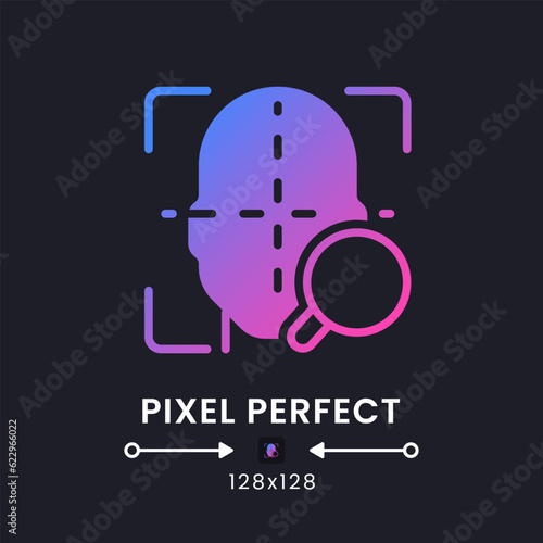 Facial coding purple solid gradient desktop icon on black. Face recognition. Measuring human emotions. Pixel perfect 128x128, outline 4px. Glyph pictogram for dark mode. Isolated vector image