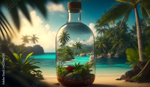Fantasy tropical island in the bottle background. Generative AI