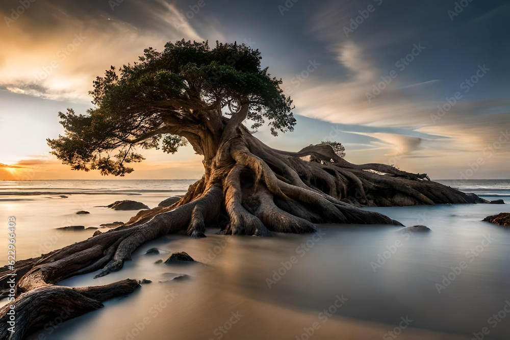 Landscape view of trees with big roots on the seashore. Plants growing by the sea Landscape view of trees with big roots on the seashore. Plants growing by the sea
