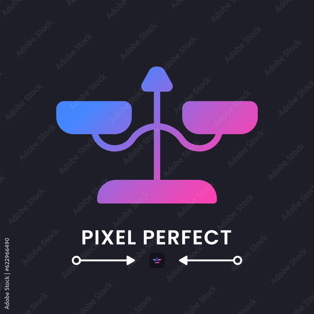 Balance scales purple solid gradient desktop icon on black. Weight measuring device. Court justice. Equality symbol. Pixel perfect, outline 4px. Glyph pictogram for dark mode. Isolated vector image Balance scales purple solid gradient desktop icon on black. Weight measuring device. Court justice. Equality symbol. Pixel perfect, outline 4px. Glyph pictogram for dark mode. Isolated vector image
