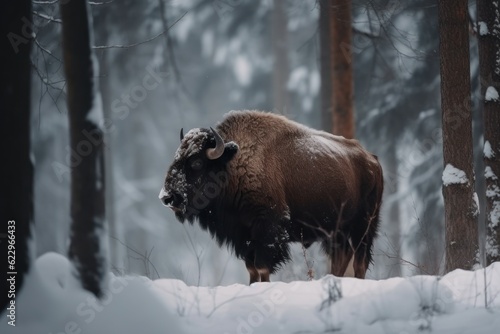 Bison snow winter forest. Generate Ai