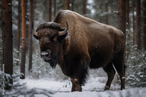 Bison animal snow forest. Generate Ai