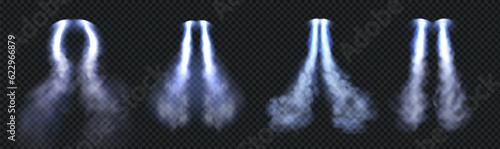 Jetpack smoke cloud trail with blue fire vector effect. Rocket speed contrail in sky air 3d realistic flow. Isolated plane flight launch up texture texture. Spaceship engine tail transparent pack