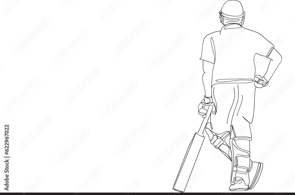 Dynamic Cricket Batsman: Back View Cartoon Outline, Stylish Back View of Cricket Batsman: Continuous Outline, Continuous Outline of a Stylish Cricket Batsman in Action