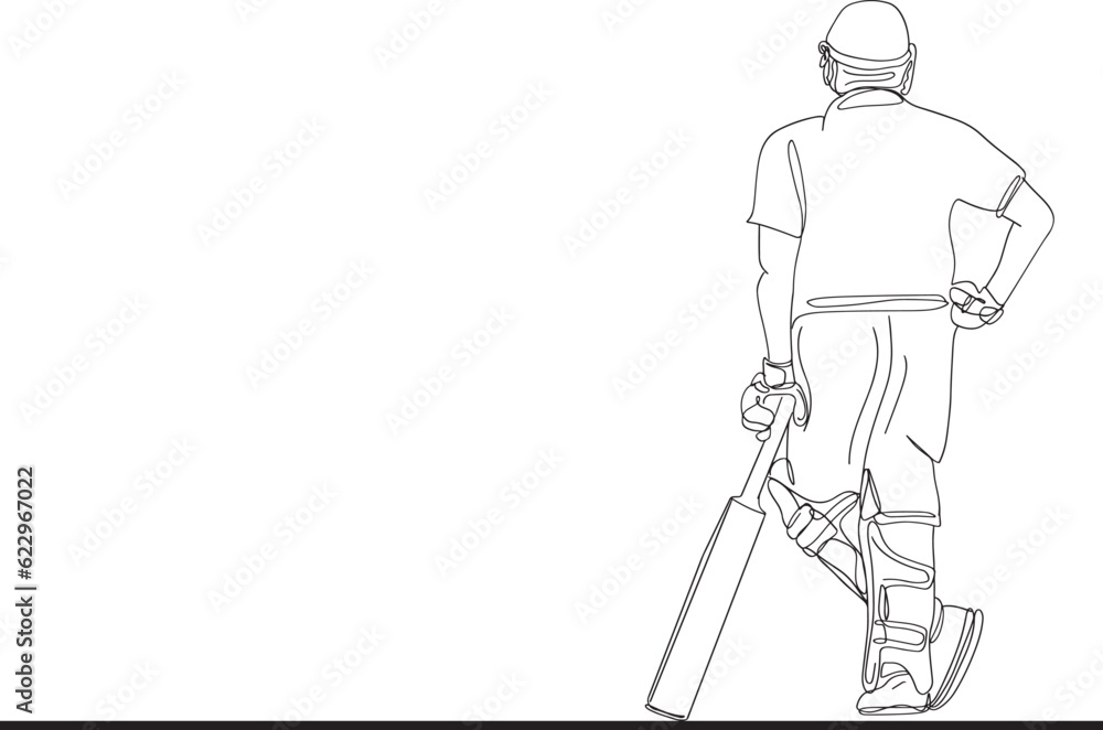Dynamic Cricket Batsman Back View Cartoon Outline, Stylish Back View