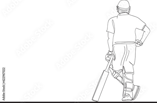 Dynamic Cricket Batsman: Back View Cartoon Outline, Stylish Back View of Cricket Batsman: Continuous Outline, Continuous Outline of a Stylish Cricket Batsman in Action