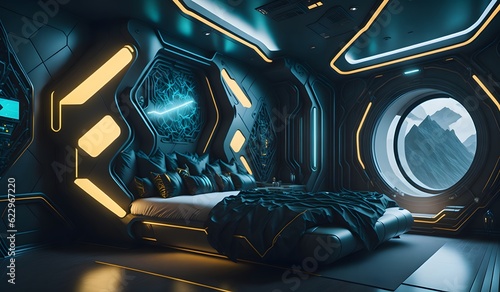 Fototapeta Naklejka Na Ścianę i Meble -  Futuristic bedroom in spaceship background. Generative AI