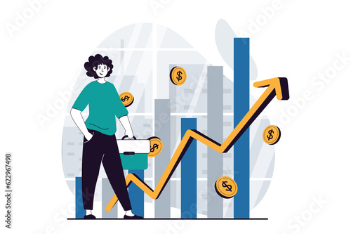 Business making concept with people scene in flat design for web. Man analyzes arrow graph of financial growth and success investments. Illustration for social media banner, marketing material.