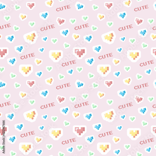Cute vector hearts pattern in pixel art style