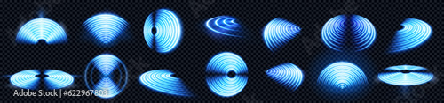 Blue 3d wifi signal symbol with neon light effect on transparent background. Wireless technology wave sign set. Digital radar circle network futuristic design. Computer protection system concept