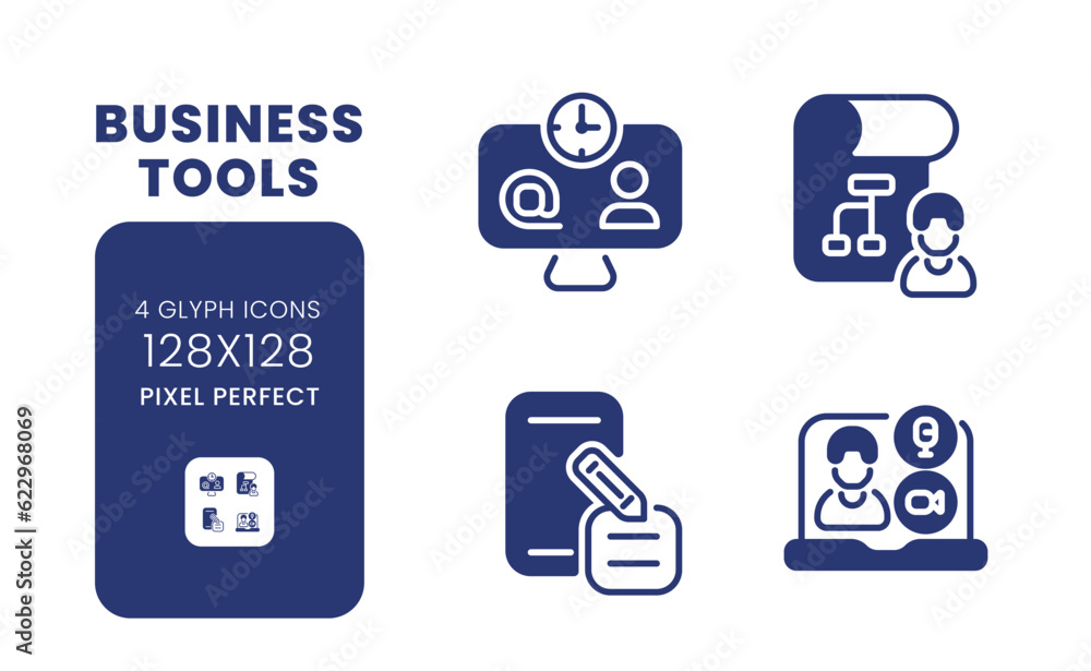 Business tools black solid desktop icons pack. Productivity software. Operations management. Pixel perfect 128x128, outline 4px. Symbols on white space. Glyph pictograms. Isolated vector images Business tools black solid desktop icons pack. Productivity software. Operations management. Pixel perfect 128x128, outline 4px. Symbols on white space. Glyph pictograms. Isolated vector images