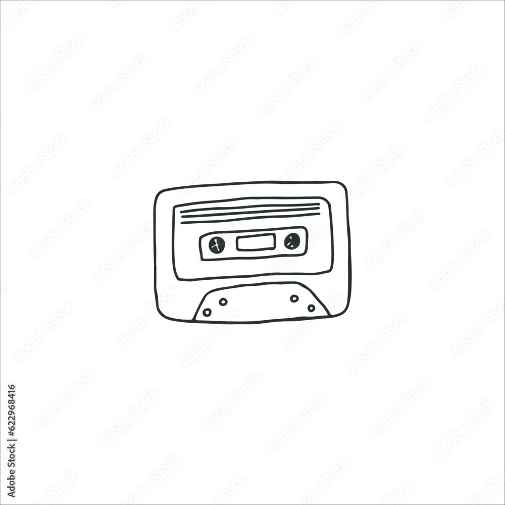 Vector illustration. Hand drawn doodle of Retro audio cassette. Analog media for recording and listening to stereo music. Old-fashioned tape cassette. Cartoon sketch. Isolated on white background