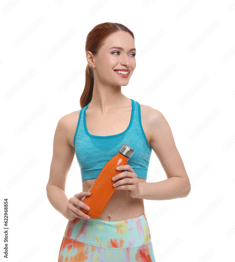 Young woman in sportswear with thermo bottle on white background Young woman in sportswear with thermo bottle on white background