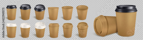 3d craft coffee cup isolated vector mockup set. Eco tea mug with plastic lid cover and empty branding design. Brown disposable packaging for takeaway and go cold latte drink professional template.