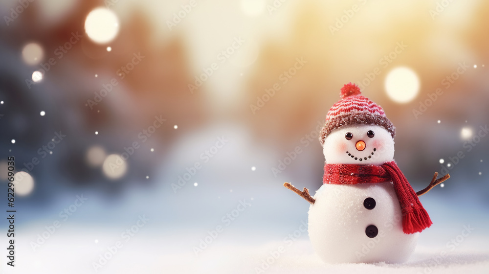 Happy snowman in winter scenery with blurred bokeh background. Generative AI.