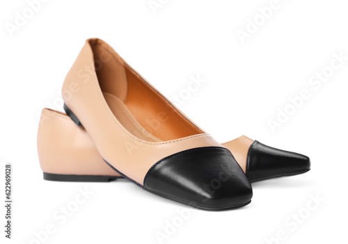 Pair of new stylish square toe ballet flats on white background