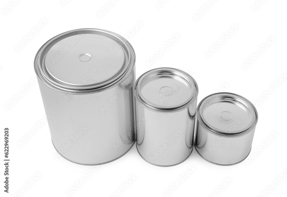 New metal paint cans on white background New metal paint cans on white background