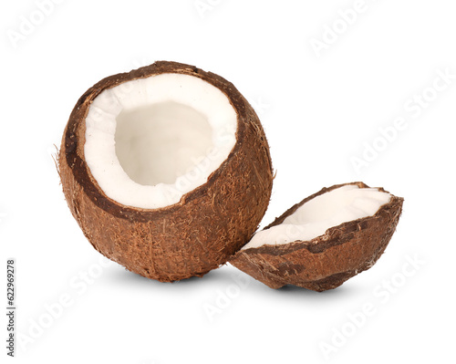 Fresh ripe coconut pieces on white background