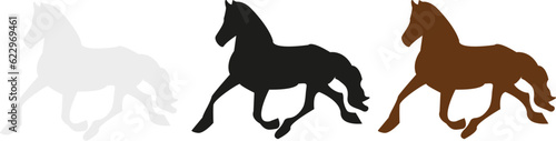 Vector stallion allure set. Black, brown color horse, white horse. Horse silhouettes isolated.
