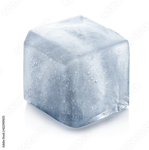 Crystal clear ice cube on light grey background