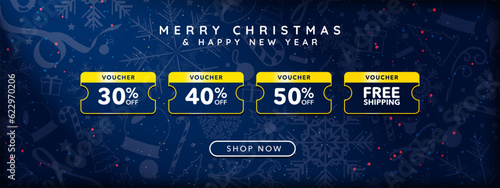 Gold and Blue Online Christmas Voucher on decorative Christmas banner with shop now CTA button. Bundle of online coupons with price discount and free shipping delivery. Vector Illustration. EPS 10