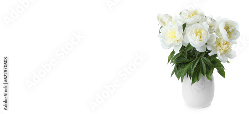 Stylish vase with beautiful peony flowers on white background. Banner design