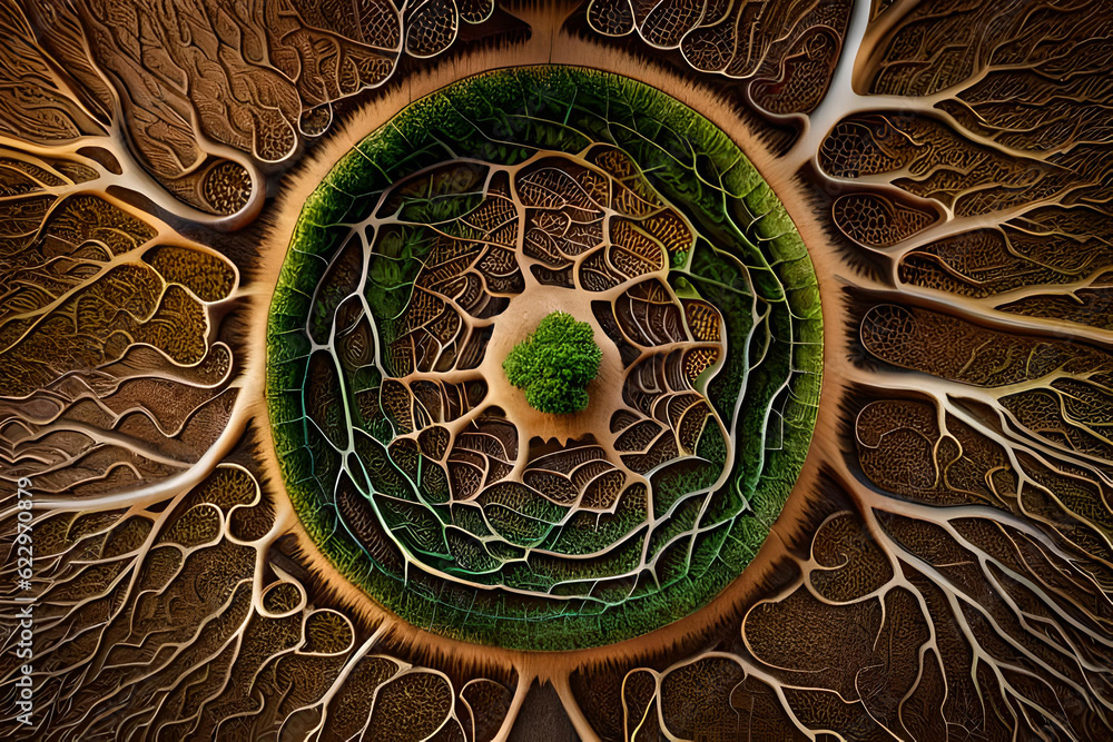 Photo & Art Print The creeping roots form a circle of life on the brown ...