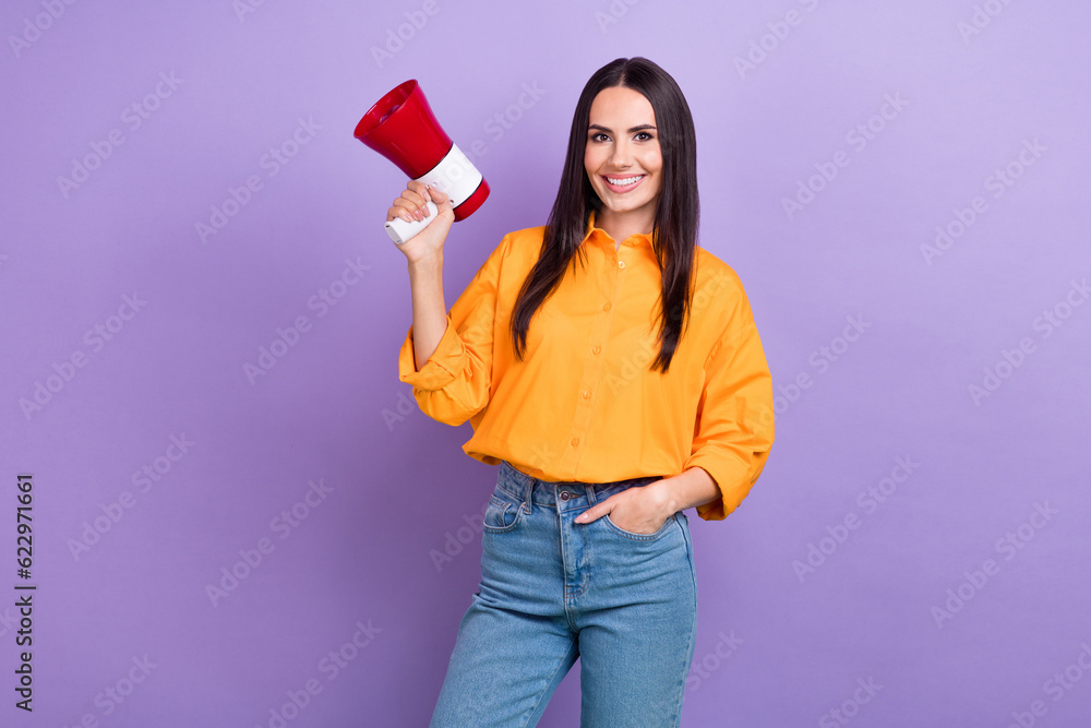 Portrait of optimistic gorgeous woman straight hairdo oversize shirt hold megaphone big sale announce isolated on violet color background Portrait of optimistic gorgeous woman straight hairdo oversize shirt hold megaphone big sale announce isolated on violet color background