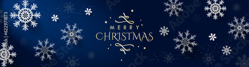 Beautiful Merry Christmas Golden Banner on blue gradient background with white and gold 3d snowflakes. Vector Illustration. EPS 10. Perfect for headers, cover, banners, backgrounds, designs.