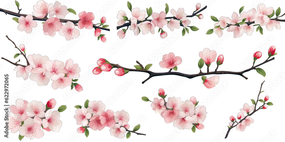 Naklejka premium Cherry blossom flowers and branches set 4