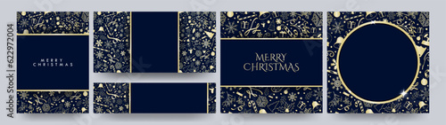 Set of Gold and Blue Christmas Card Poster Templates, greeting cards, poster, banner layouts. Golden Decorative Christmas design templates. Luxurious xmas mock ups. Editable vector Illustration.