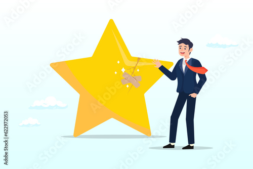 Businessman fix broken rating star with bandage, reputation management, customer experience or rating, crisis management to repair or fix customer trust problem, credit score or satisfaction (Vector)