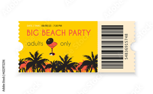 Adult beach party ticket template. Entrance ticket with a picture of palm trees and a cocktail.Vector