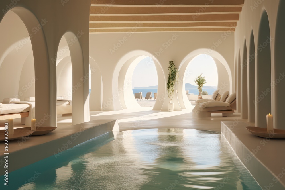Fototapeta premium Luxurious and modern villa in Santorini, featuring a pool and offering a panoramic view of the sea.