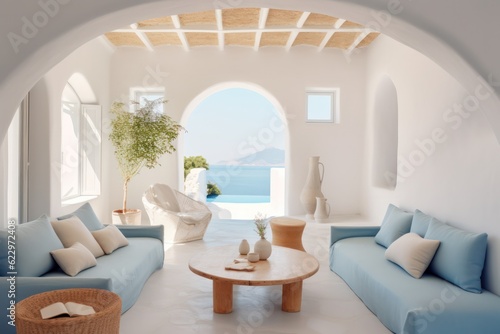 Luxurious and modern villa in Santorini, featuring a pool and offering a panoramic view of the sea. © aboutmomentsimages