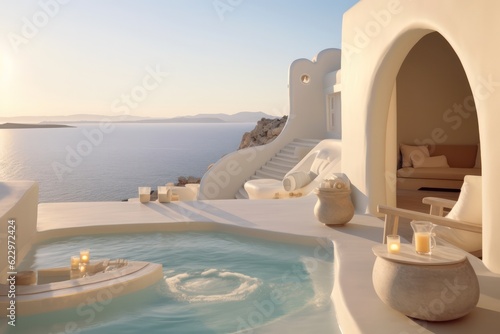 Luxurious and modern villa in Santorini, featuring a pool and offering a panoramic view of the sea.