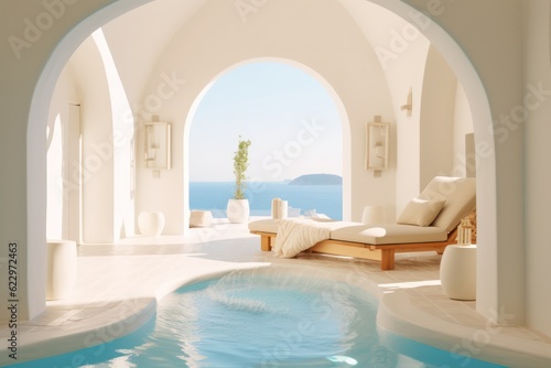 Luxurious and modern villa in Santorini, featuring a pool and offering a panoramic view of the sea. © aboutmomentsimages