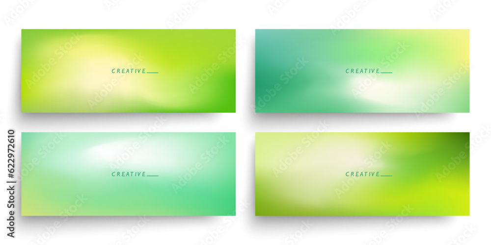 Set of defocused horizontal banners with bright green colored gradients. Blurred vibrant templates for fresh springtime graphic design. Vector illustration.